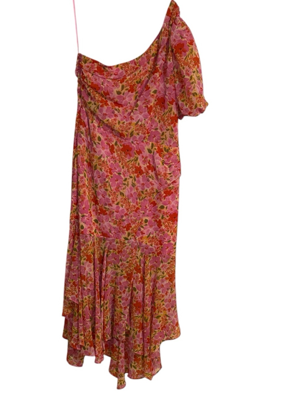 Astr Romantic Feminine One Shoulder Puff Sleeve Pink and Orange Floral Dress, L